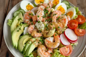 Classic Shrimp Louie Salad Recipe with avocado, eggs, and dressing