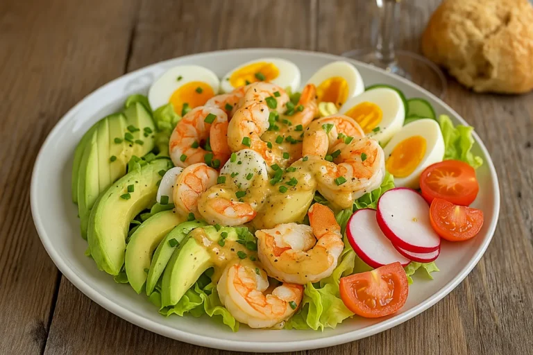 Classic Shrimp Louie Salad plated with wine and bread