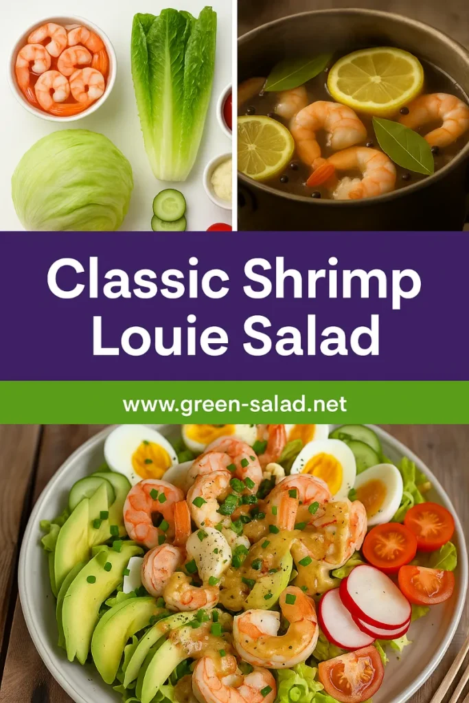 Classic Shrimp Louie Salad Recipe Pinterest Pin with ingredients, cooking, and final dish