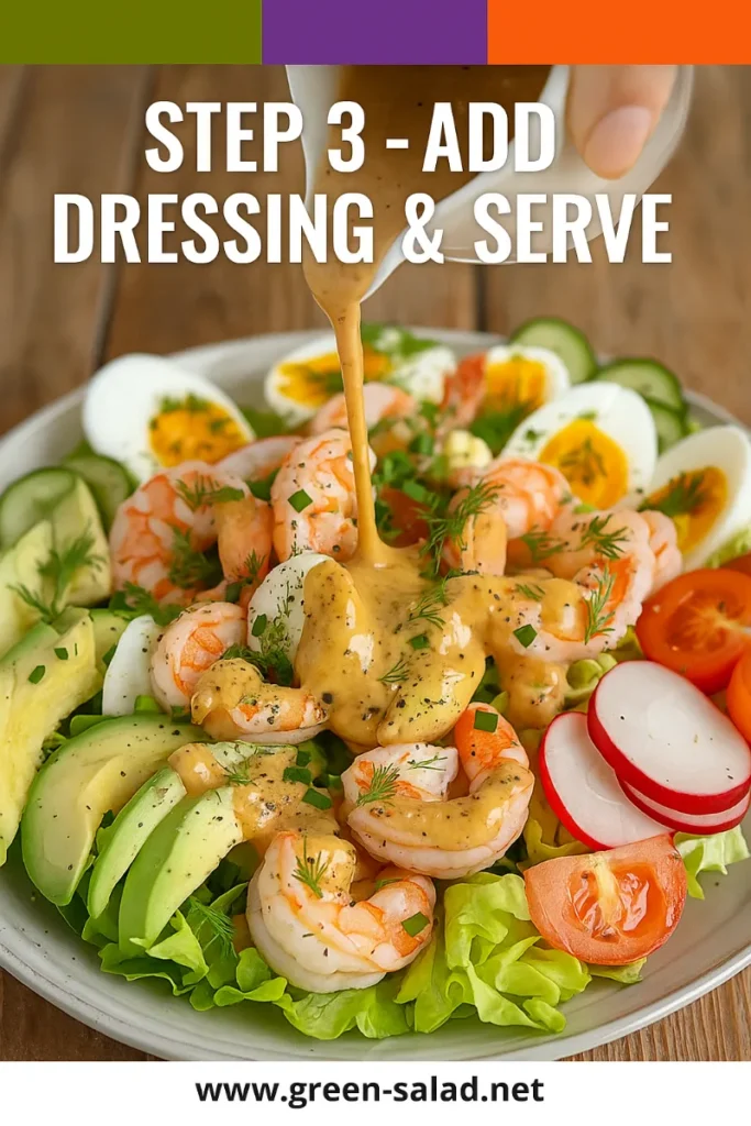 Step 3 adding Louie dressing to Classic Shrimp Louie Salad