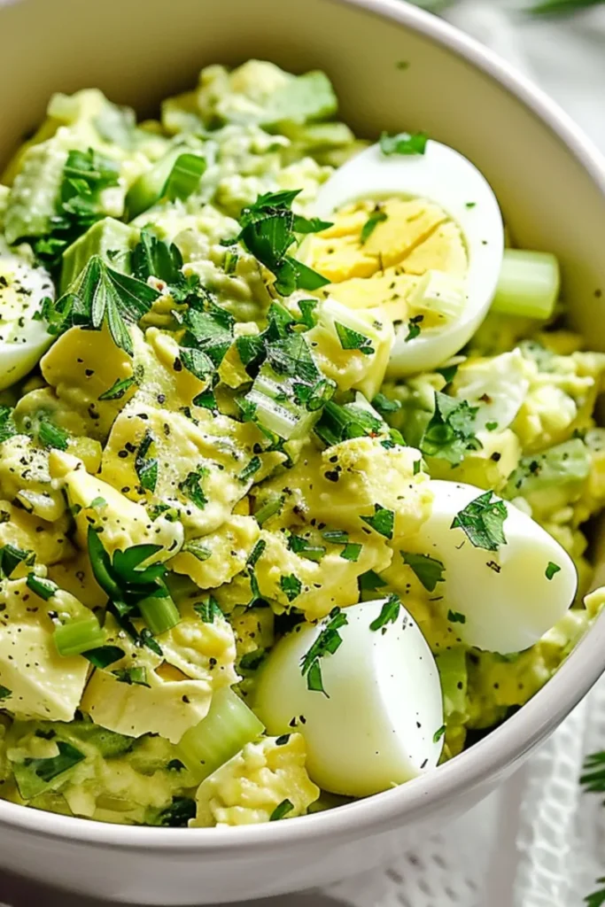 Creamy avocado egg salad with chopped herbs and celery – healthy breakfast recipe by Green-Salad.net