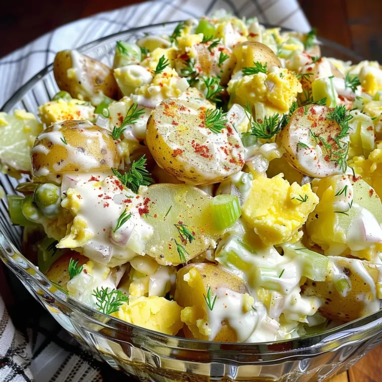 Dijon Mustard Potato Salad in a ceramic bowl with creamy dressing and fresh dill