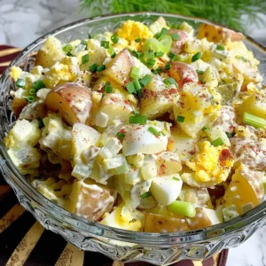 Dijon Mustard Potato Salad in a ceramic bowl with creamy dressing and fresh dill green-salad.net recipe