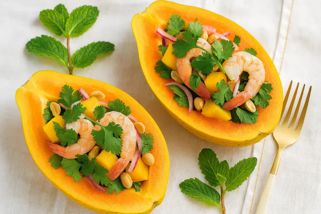 Shrimp & Papaya Salad served in papaya halves